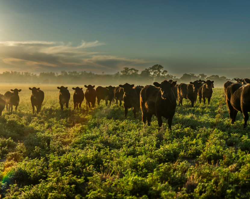 Cattle grazing in a rural field at sunset with lush greenery and a distant tree line.
