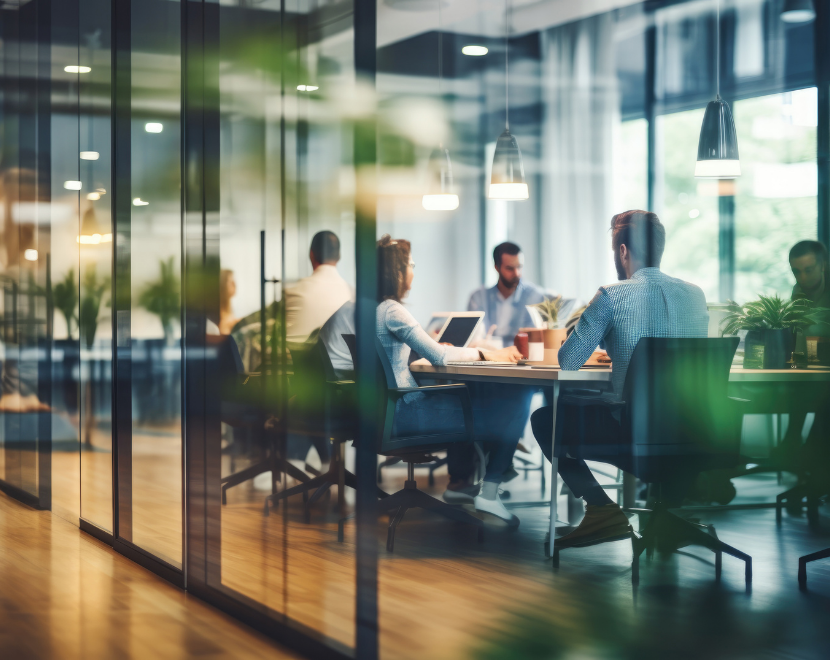 Business team collaborating in a modern conference room with glass walls.