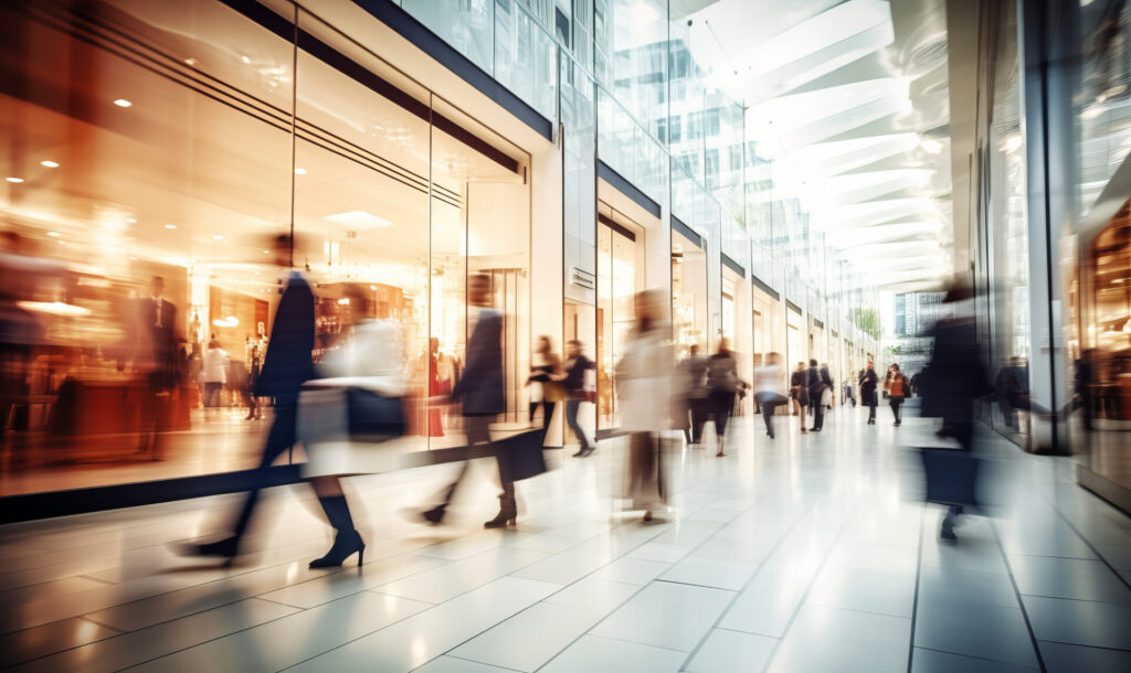 People walking in a bright, modern shopping mall with glass walls and high ceilings.