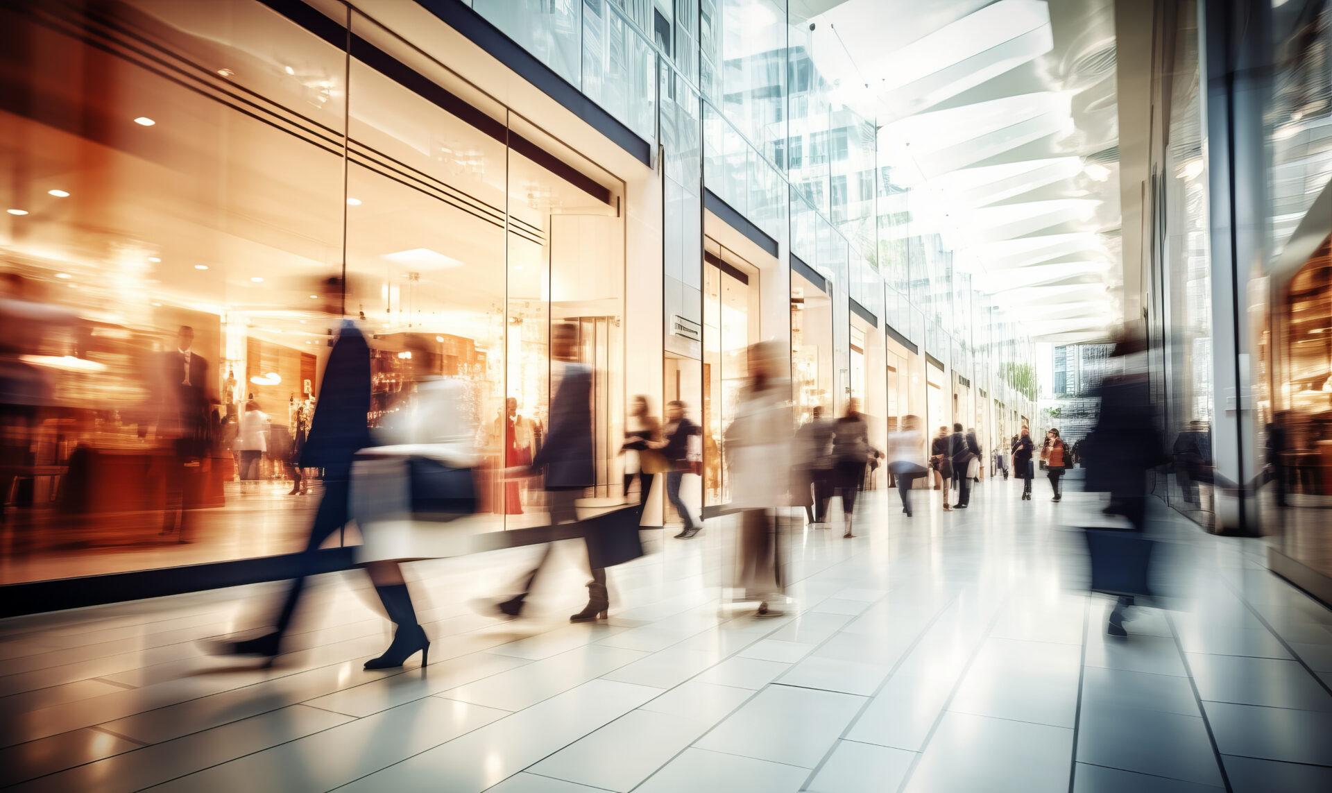 People walking in a bright, modern shopping mall with glass walls and high ceilings.